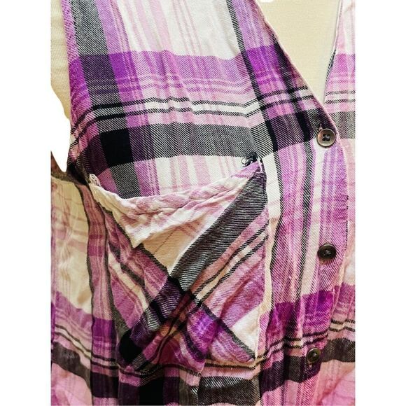 Rock & Republic Purple Checkered Split Back Sleeveless Button Front 100% Rayon B - Picture 7 of 14
